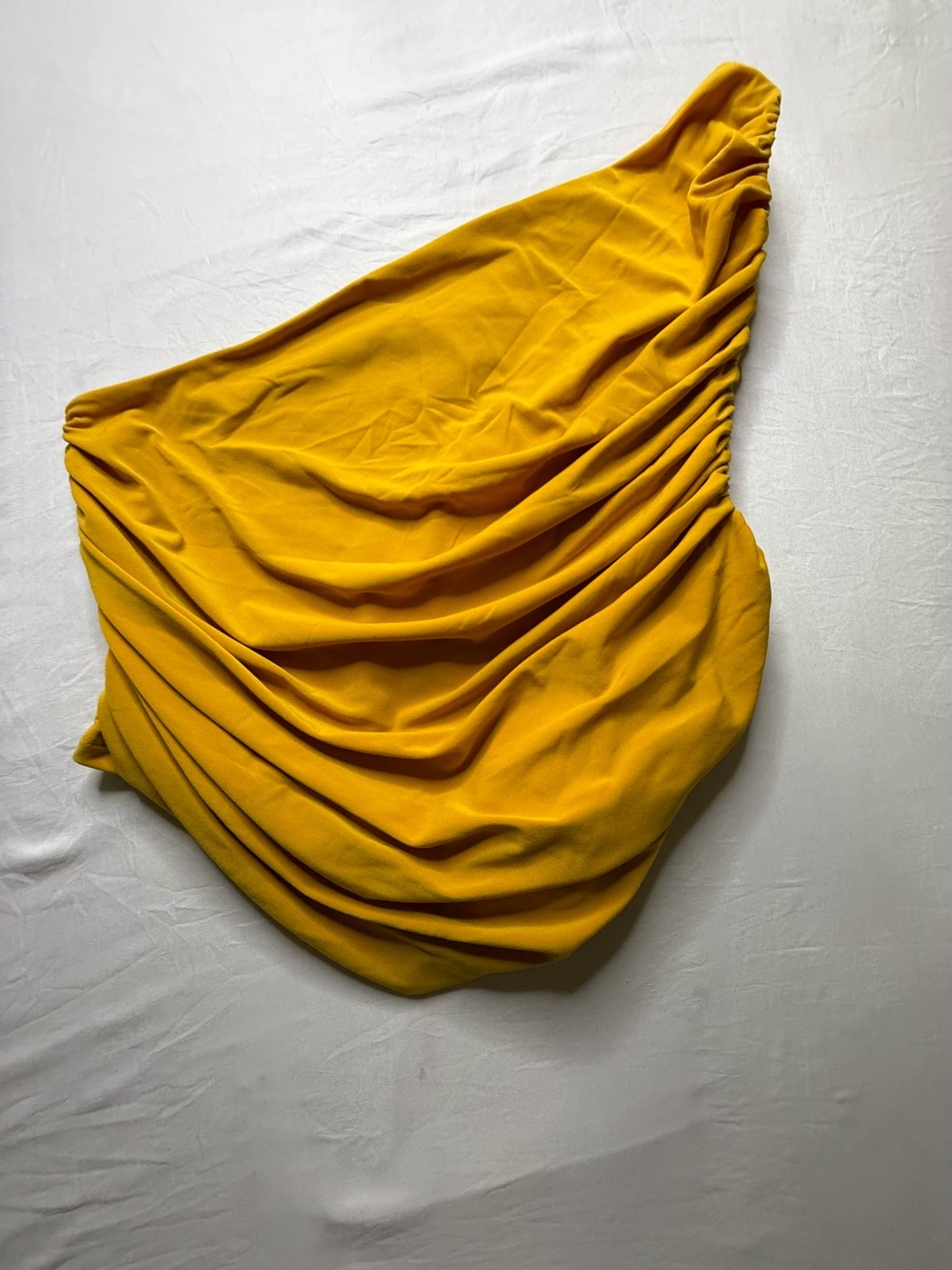Express One-Shoulder Ruching Top in Mustard